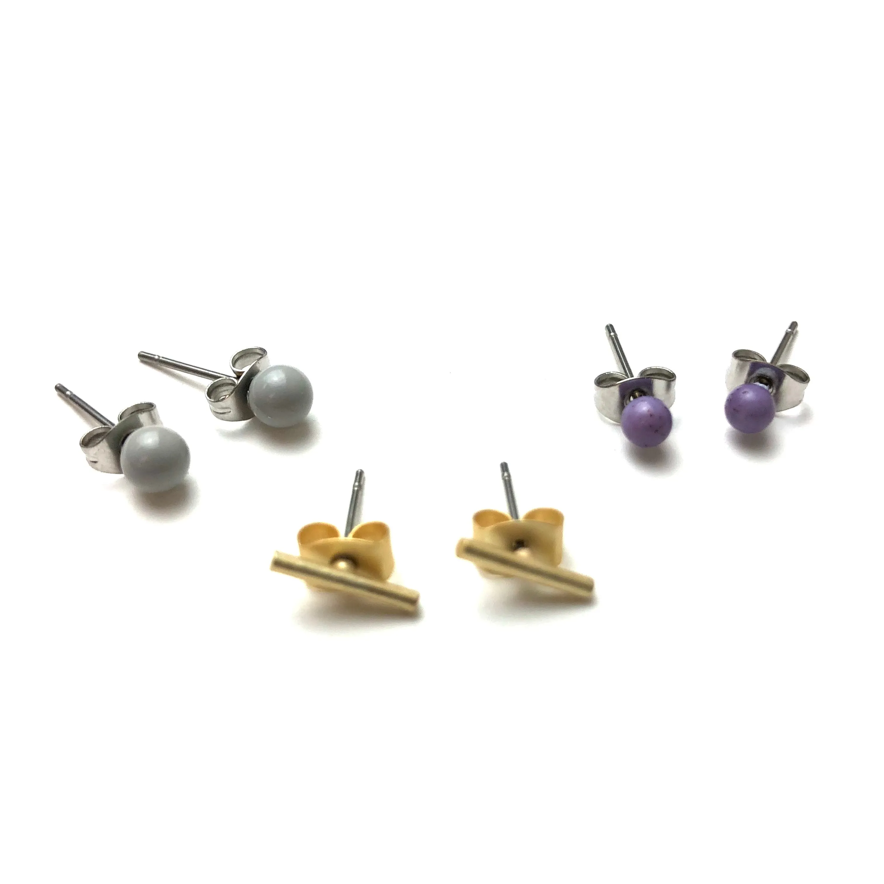 Grey Gold Bars & Lavender Tiny Geo Stud Earrings Set