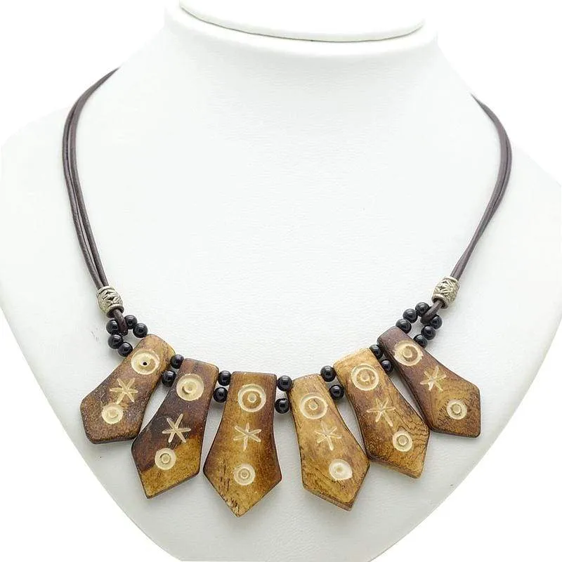 Handmade Dark Brown & Brown Retro Vintage Look Statement Bib Dangle Row Bone Chain Necklace For Women