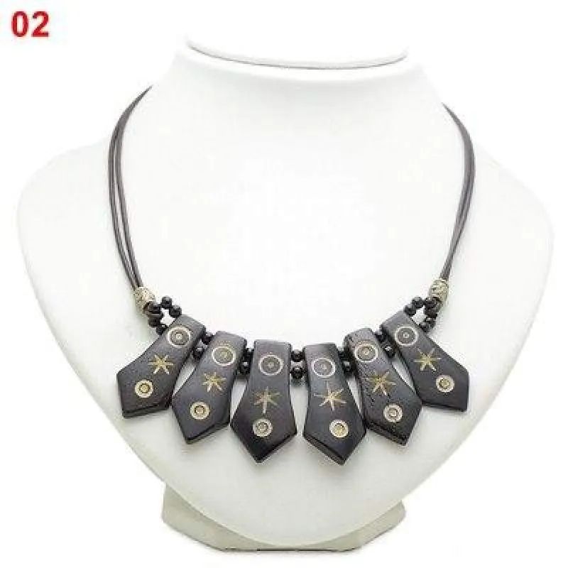 Handmade Dark Brown & Brown Retro Vintage Look Statement Bib Dangle Row Bone Chain Necklace For Women