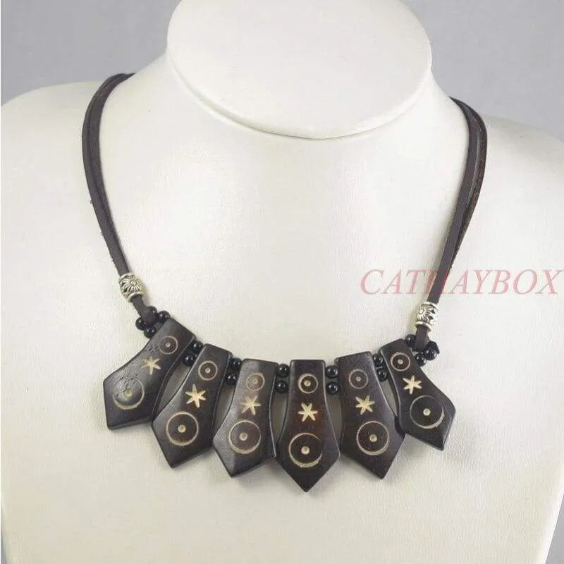 Handmade Dark Brown & Brown Retro Vintage Look Statement Bib Dangle Row Bone Chain Necklace For Women