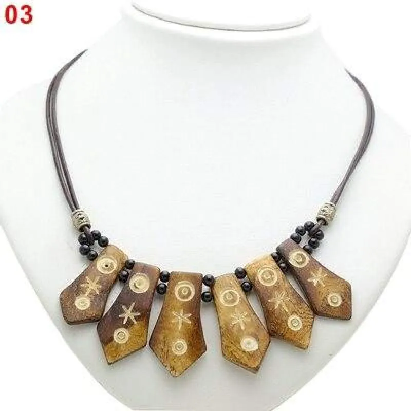 Handmade Dark Brown & Brown Retro Vintage Look Statement Bib Dangle Row Bone Chain Necklace For Women