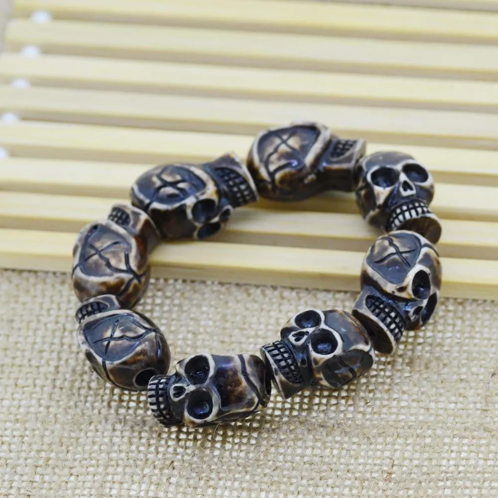 Handmade Punk Skull Beaded Charm Bracelet Coffee Color Yak Bone Bangel 8.5" Adjustable