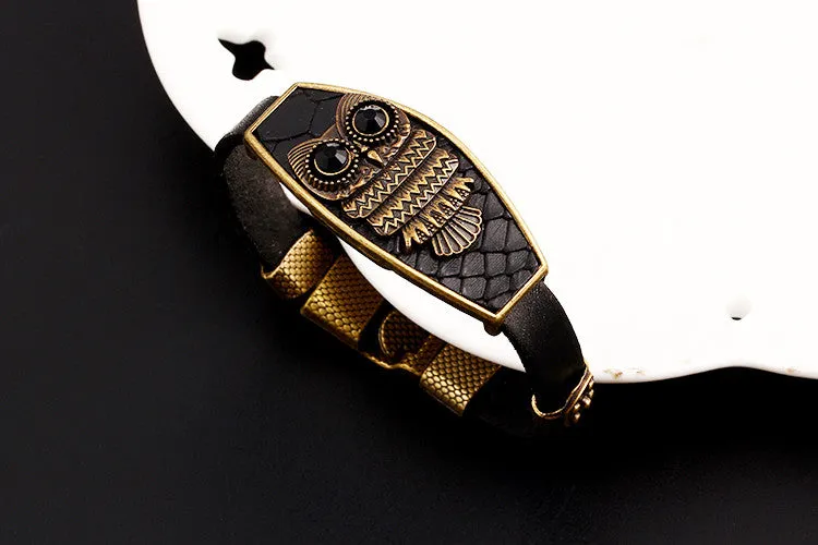 High Quality Vintage Classic Animal Owl Black Leather Charm Bracelet Acrylic eyes Alloy Easy Hook Men Bracelets Accessories