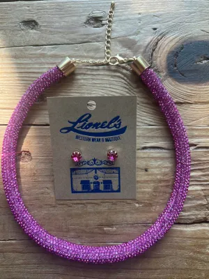 Hot Pink Pave Rope Necklace w/ Stud Earrings