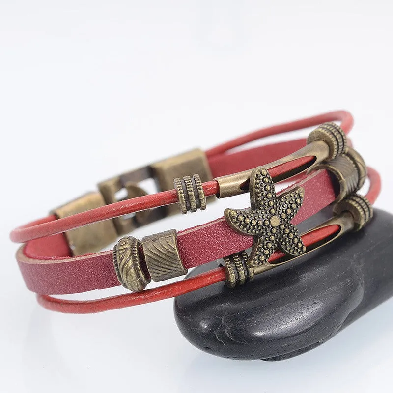 Hot Sell Handmade Men's Starfish Strand Charm Bracelet Vintage Multilayer Wrap Leather Bracelet Braided Women Wristband Jewelry