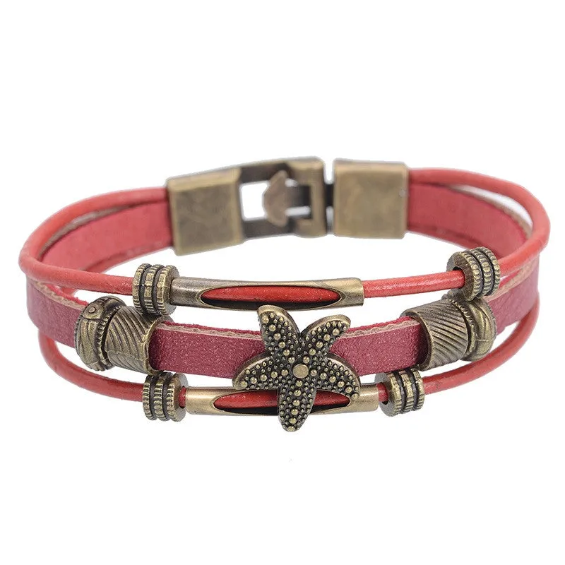 Hot Sell Handmade Men's Starfish Strand Charm Bracelet Vintage Multilayer Wrap Leather Bracelet Braided Women Wristband Jewelry