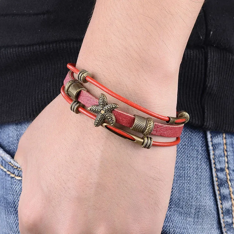 Hot Sell Handmade Men's Starfish Strand Charm Bracelet Vintage Multilayer Wrap Leather Bracelet Braided Women Wristband Jewelry