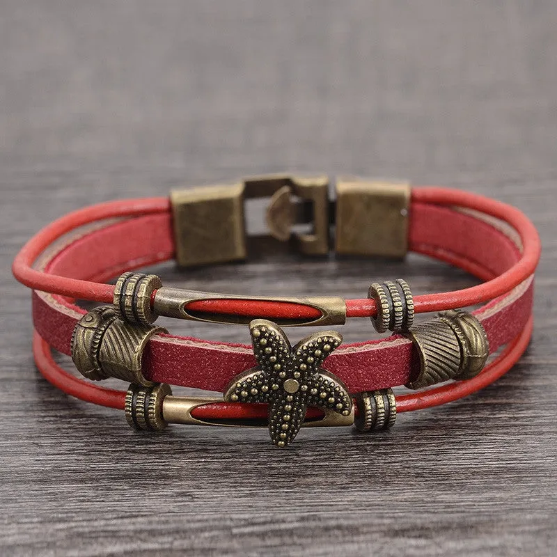 Hot Sell Handmade Men's Starfish Strand Charm Bracelet Vintage Multilayer Wrap Leather Bracelet Braided Women Wristband Jewelry