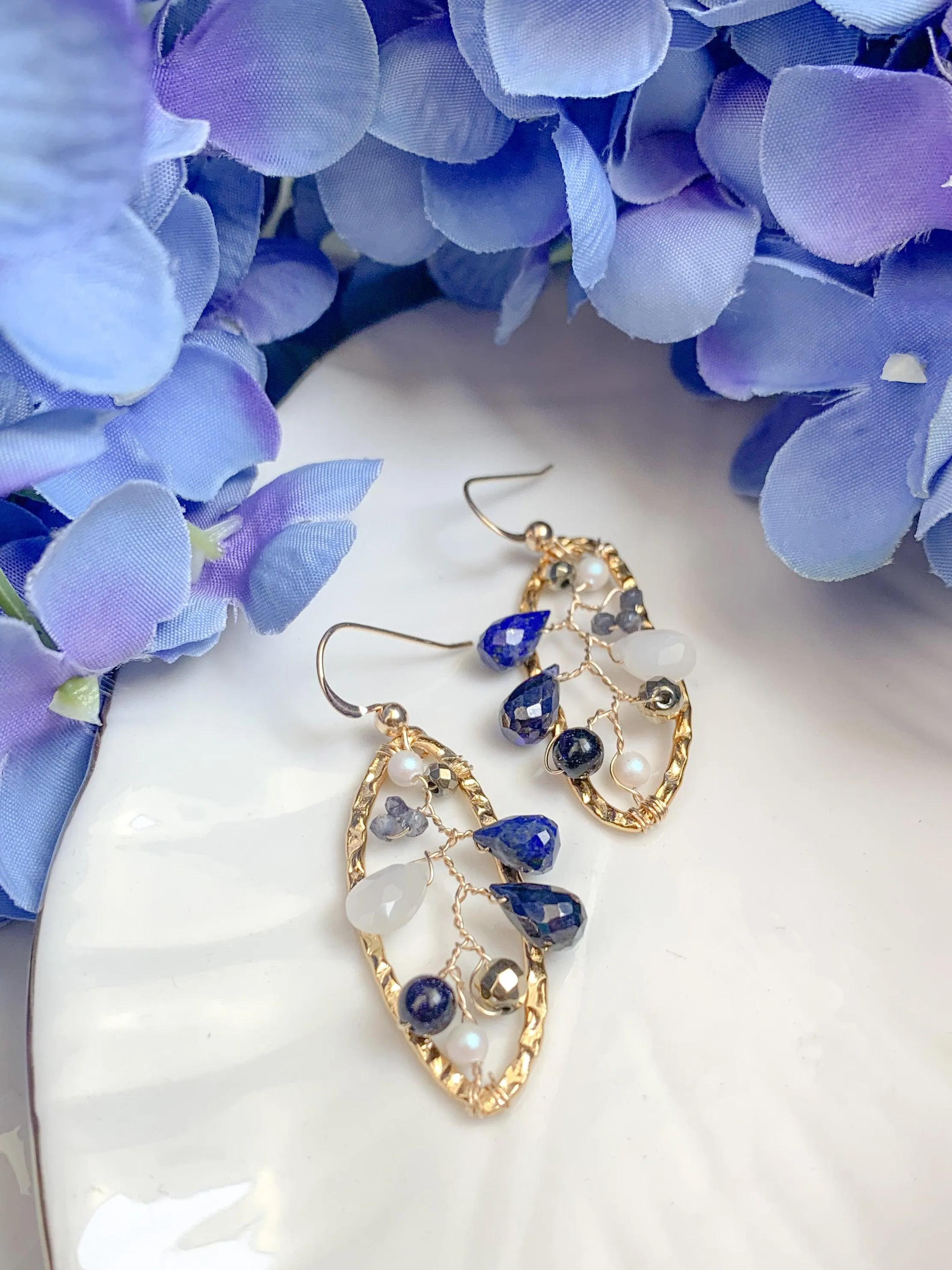 Lapis and Moonstone Filigree Earrings