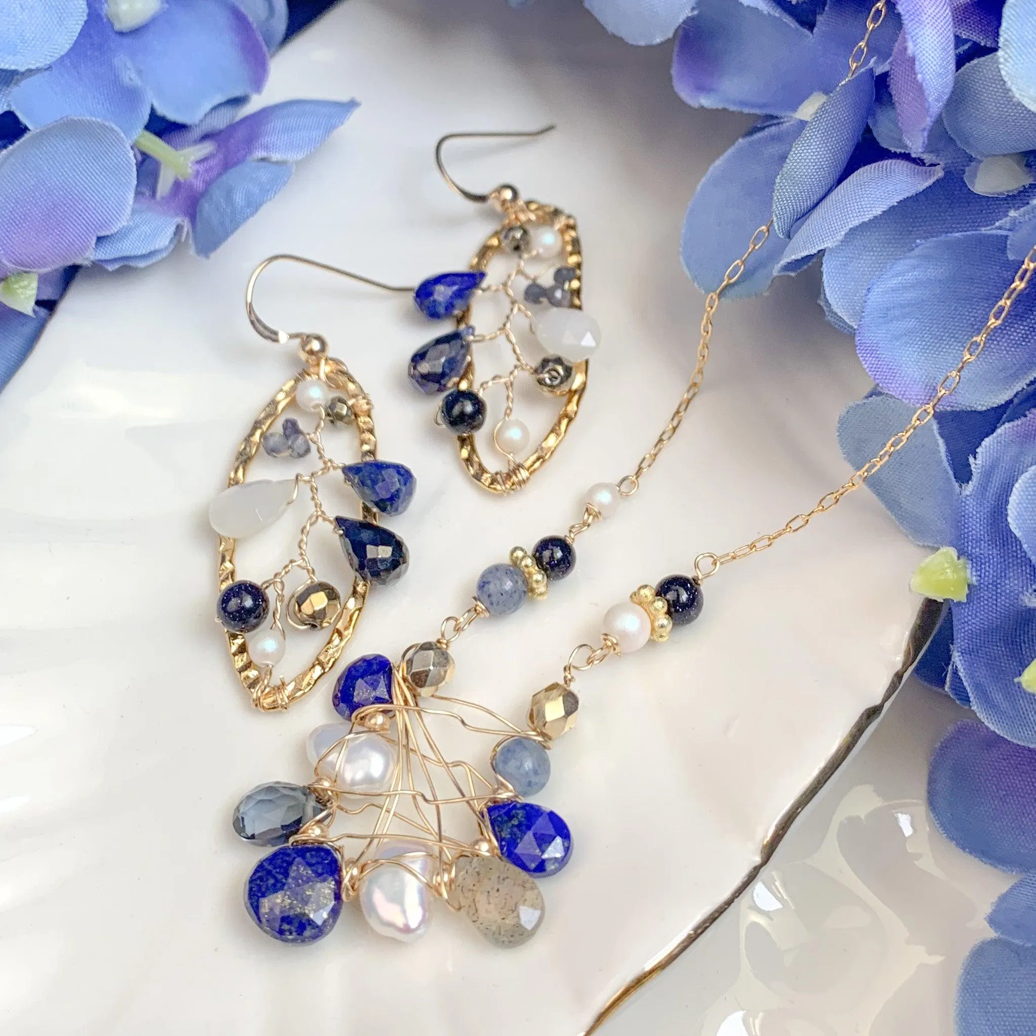 Lapis and Moonstone Filigree Earrings