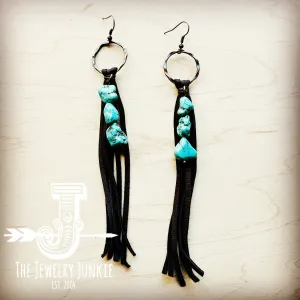 Leather Fringe Earrings with Turquoise Chunks Brown 218p