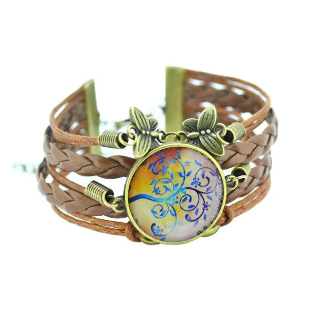 LIEBE ENGEL 2017 newest  Bracelet Bangles life tree Galaxy Cabochon vintage bronze butterfly Leather Bracelet For Women Men