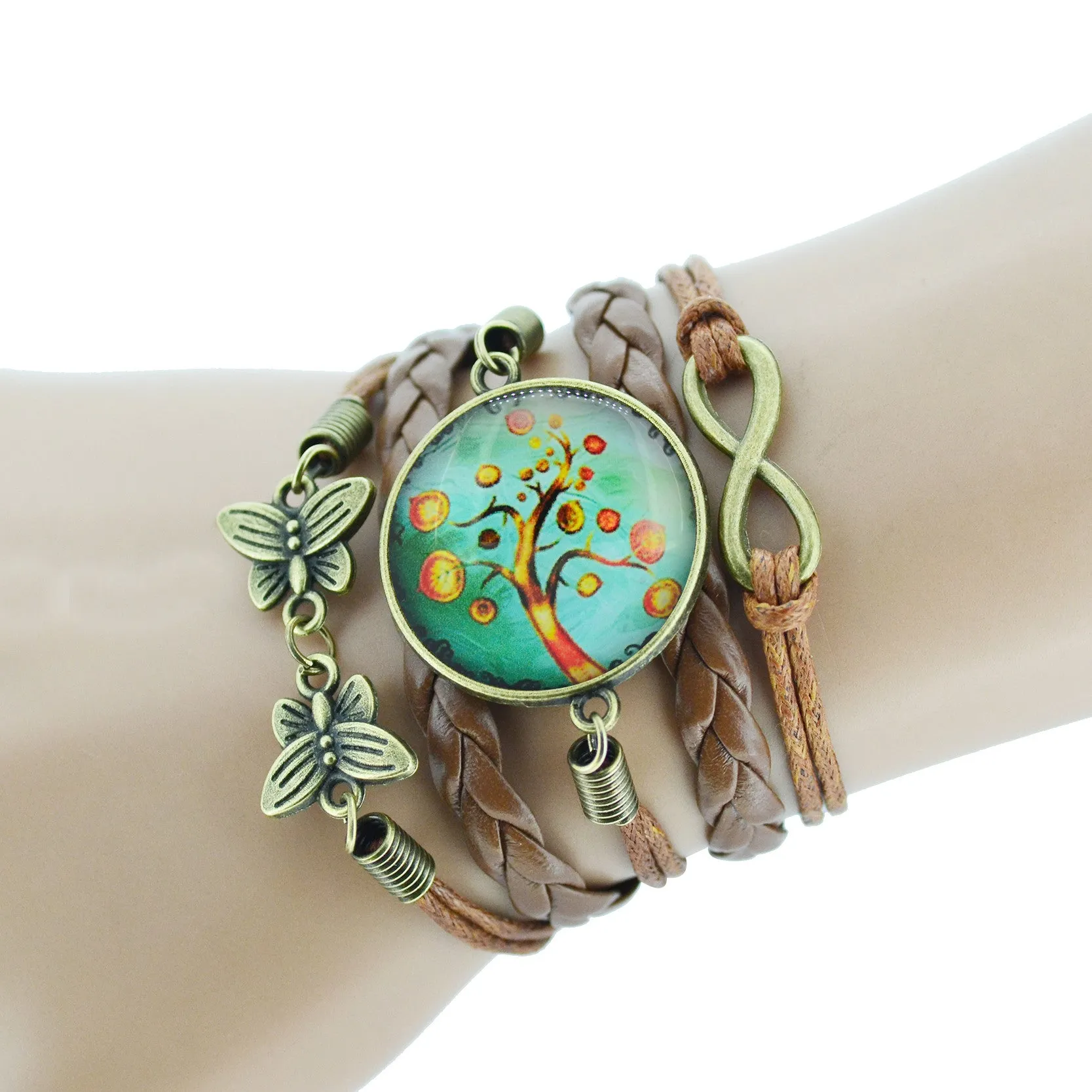 LIEBE ENGEL 2017 newest  Bracelet Bangles life tree Galaxy Cabochon vintage bronze butterfly Leather Bracelet For Women Men