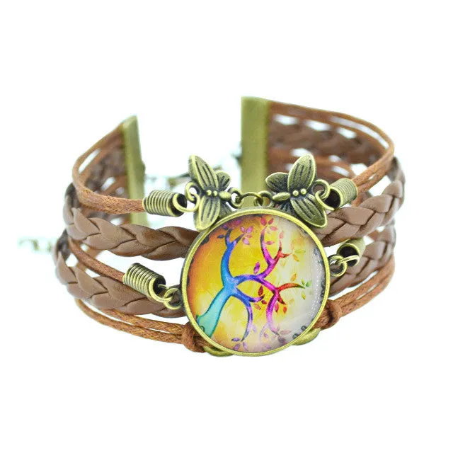 LIEBE ENGEL 2017 newest  Bracelet Bangles life tree Galaxy Cabochon vintage bronze butterfly Leather Bracelet For Women Men