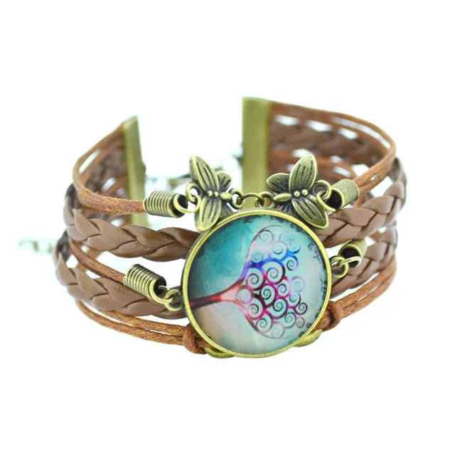 LIEBE ENGEL 2017 newest  Bracelet Bangles life tree Galaxy Cabochon vintage bronze butterfly Leather Bracelet For Women Men