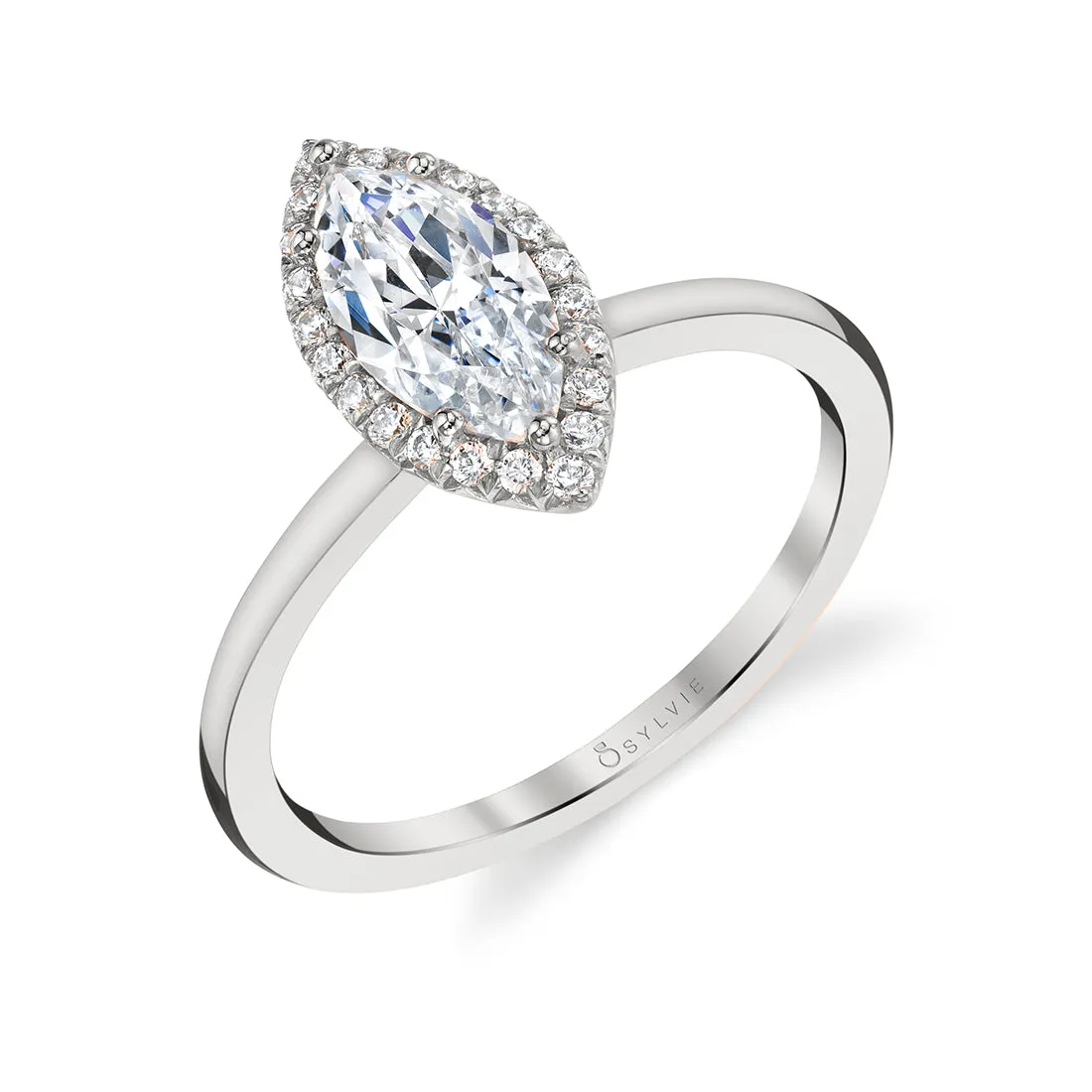 Marquise Cut Solitaire Halo Engagement Ring - Elsie 18k Gold White