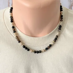 Mens Dark Brown and Beige Agate Beaded Necklace