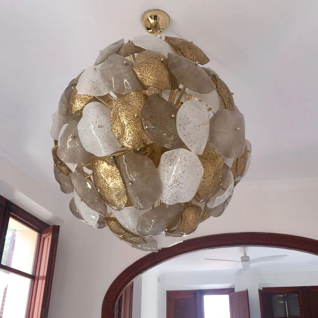 Modernist Italian Murano Glass Silver White 24-Carat Gold Leaf Round Chandelier