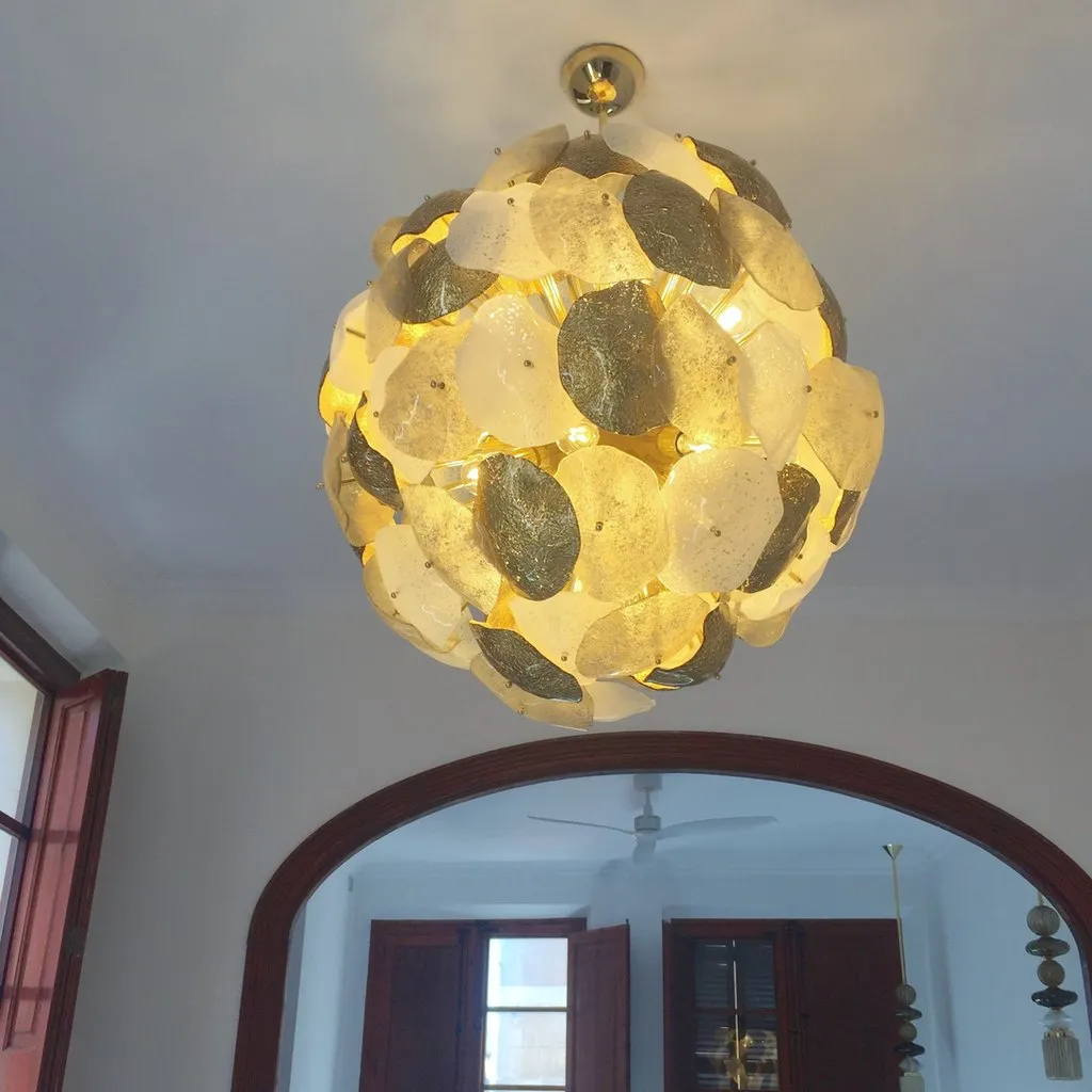 Modernist Italian Murano Glass Silver White 24-Carat Gold Leaf Round Chandelier