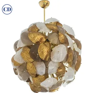 Modernist Italian Murano Glass Silver White 24-Carat Gold Leaf Round Chandelier