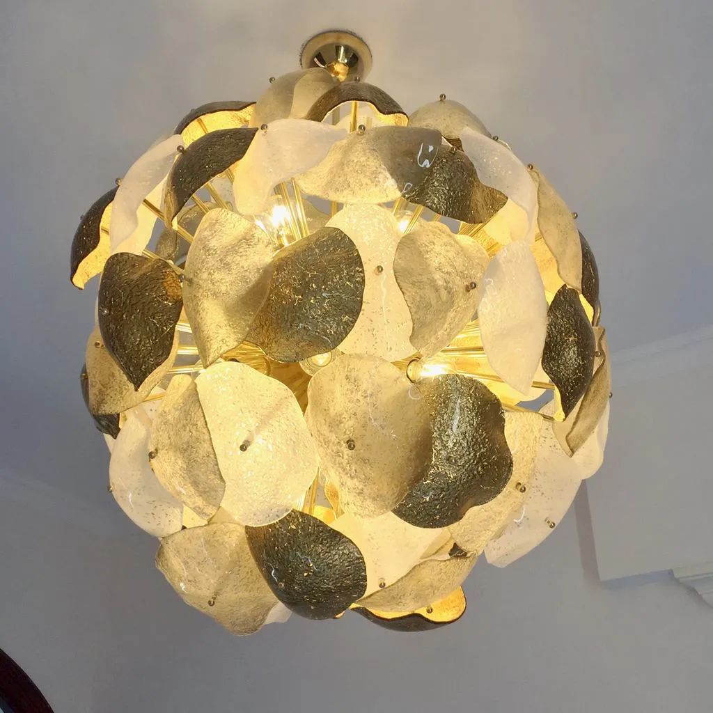 Modernist Italian Murano Glass Silver White 24-Carat Gold Leaf Round Chandelier