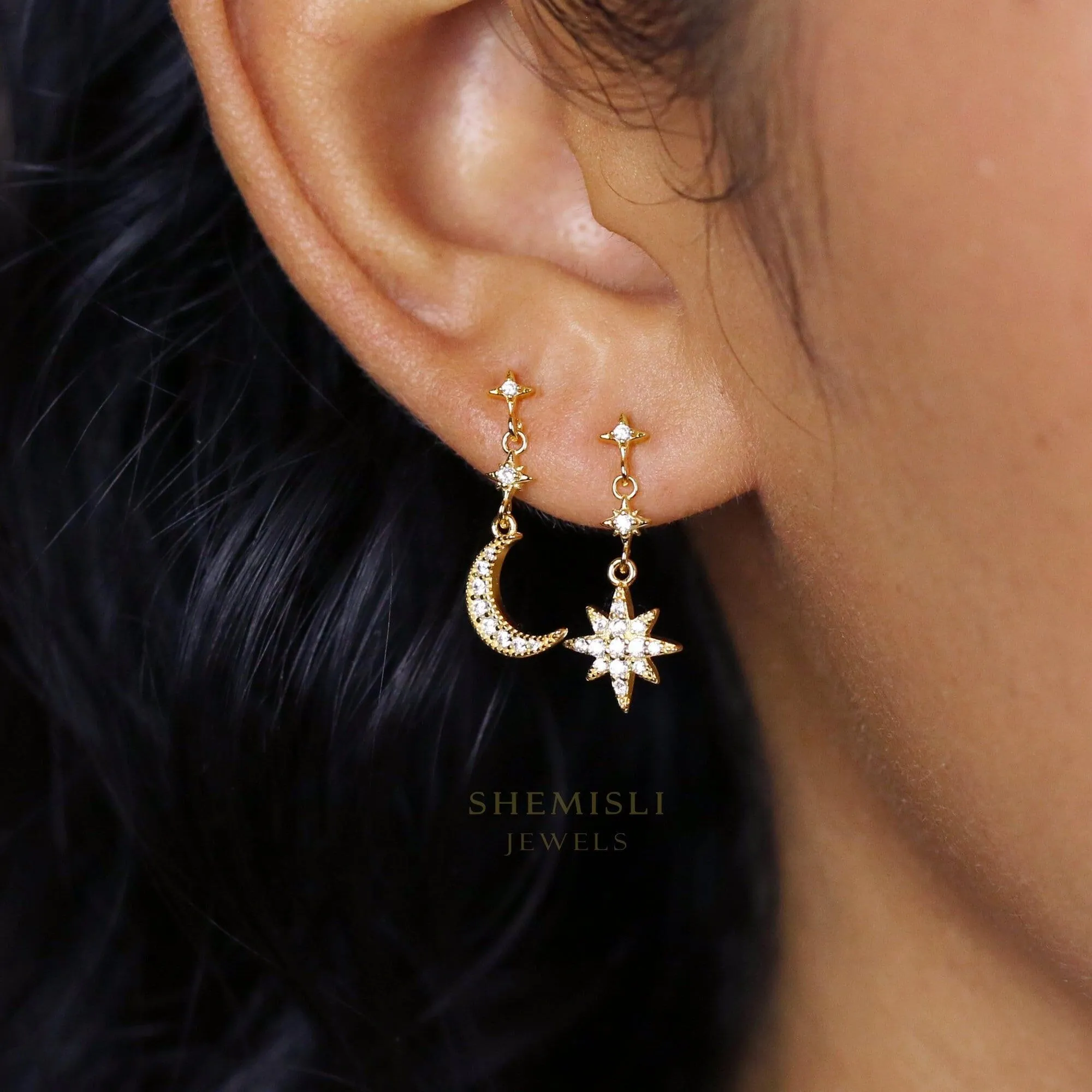 Moon and Star Earrings, Mismatched Celestial Dangle Earrings, Starburst CZ Earrings, SS172 (star), SS173 (moon), SS174 (star&moon)