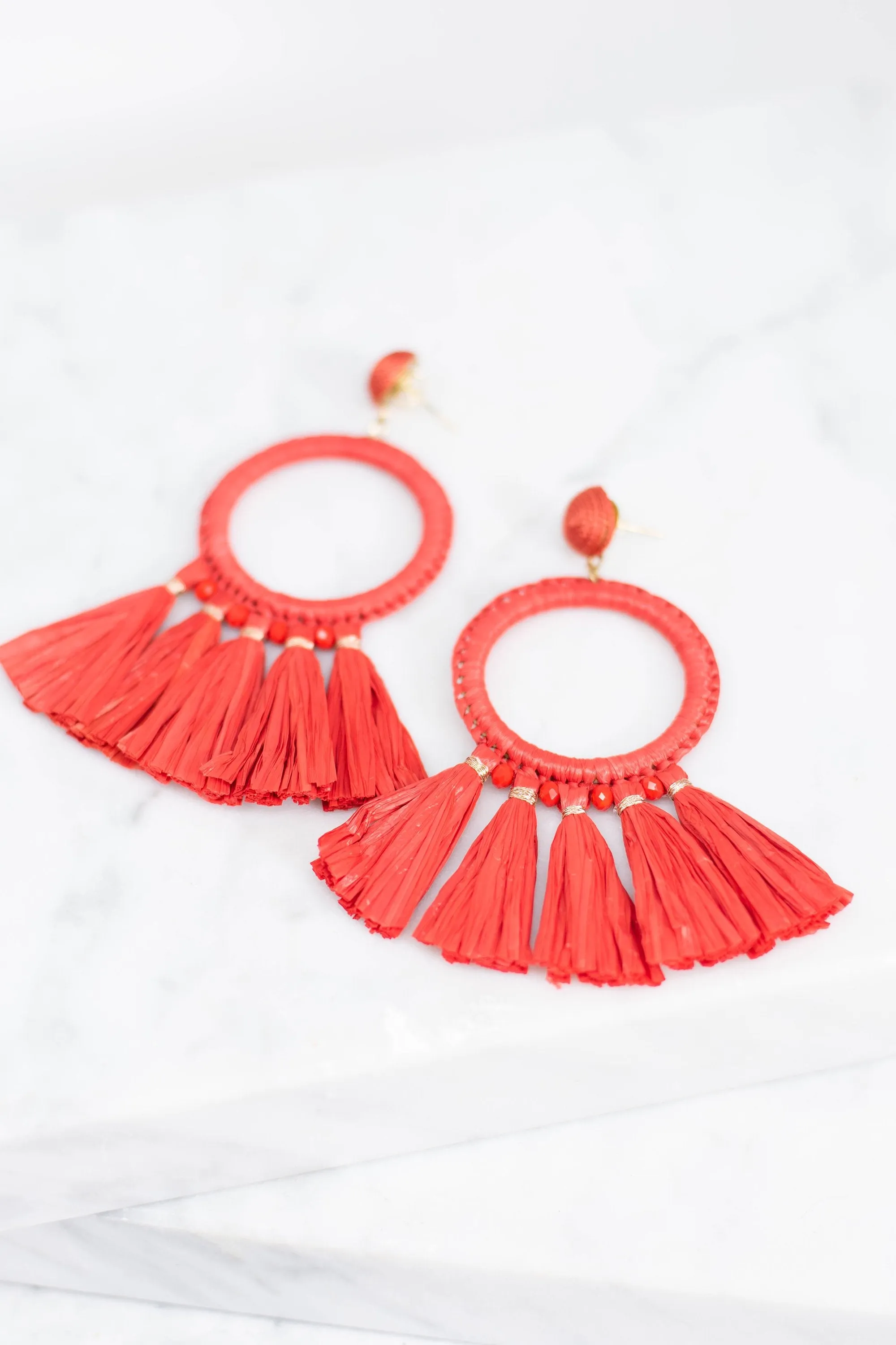 Mud Pie: Raffia Coral Red Tassel Earrings