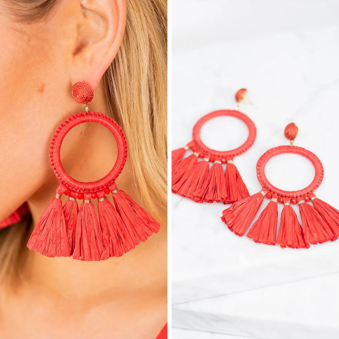 Mud Pie: Raffia Coral Red Tassel Earrings