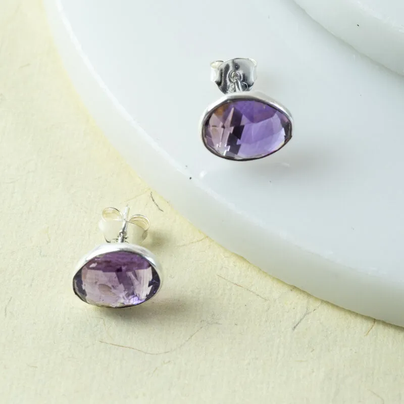 Oval Gemstone Stud Earrings Amethyst