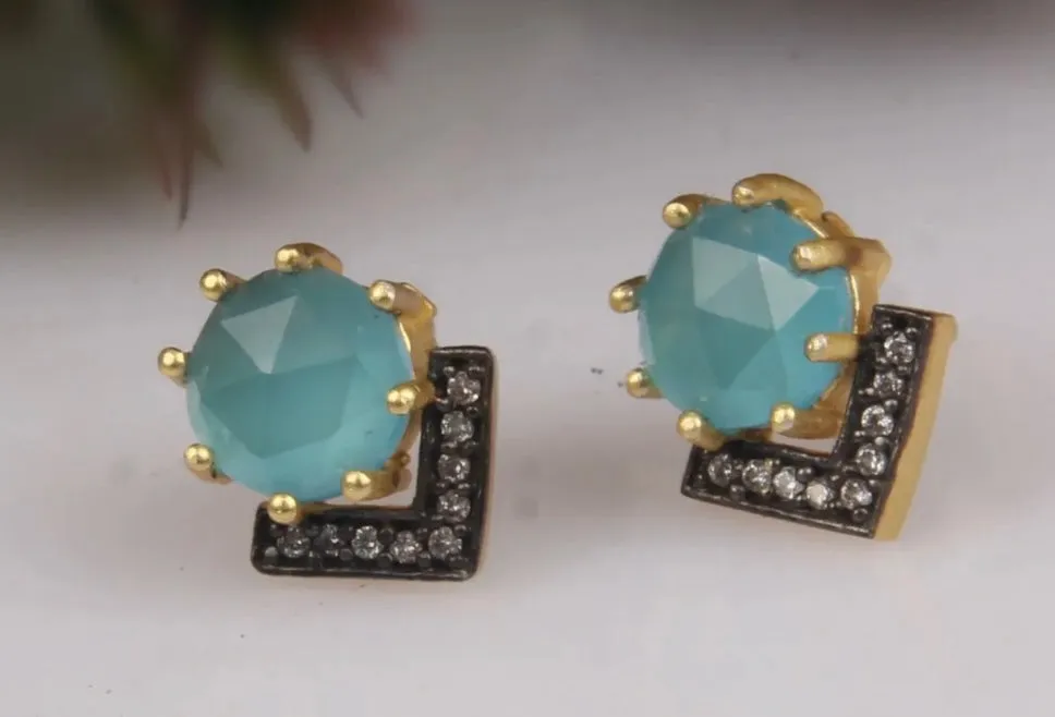 Petite Light Blue Chalcedony and Rhodium Gold Stud Earrings