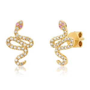 PINK SAPPHIRE EYES DIAMOND SNAKE STUDS, 14kt GOLD