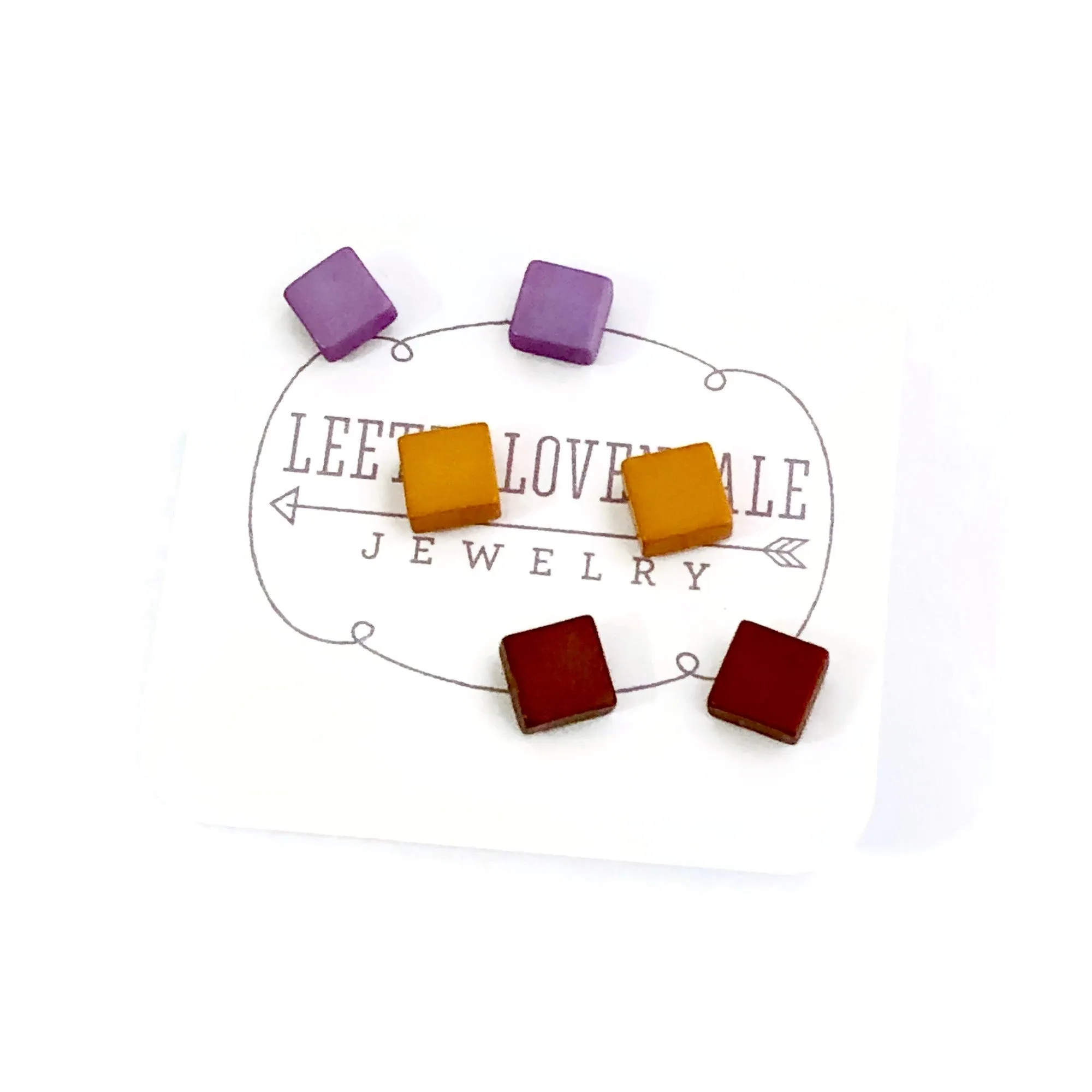 Purple Mustard & Chocolate Minimalist Mod Square Stud Earrings Set