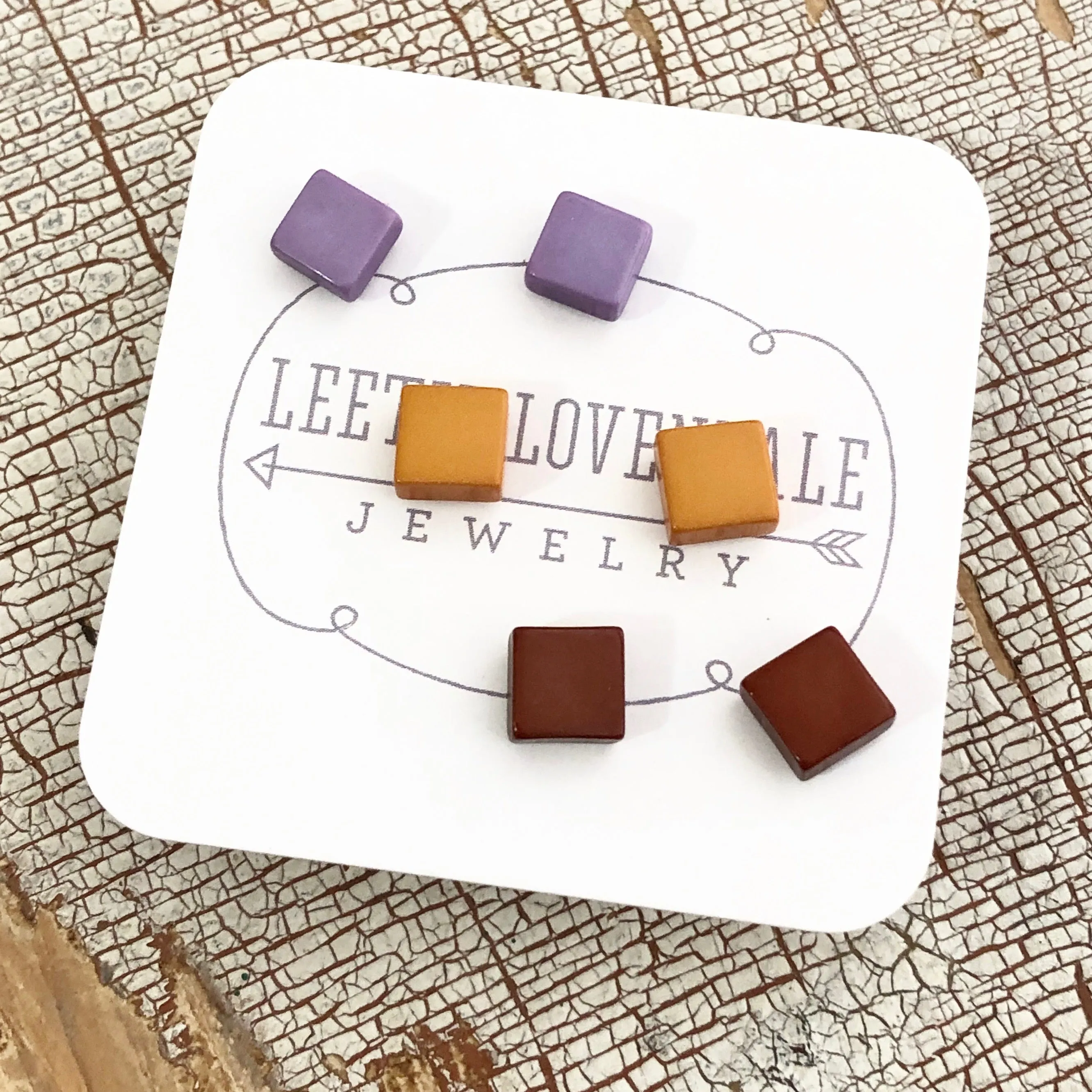 Purple Mustard & Chocolate Minimalist Mod Square Stud Earrings Set