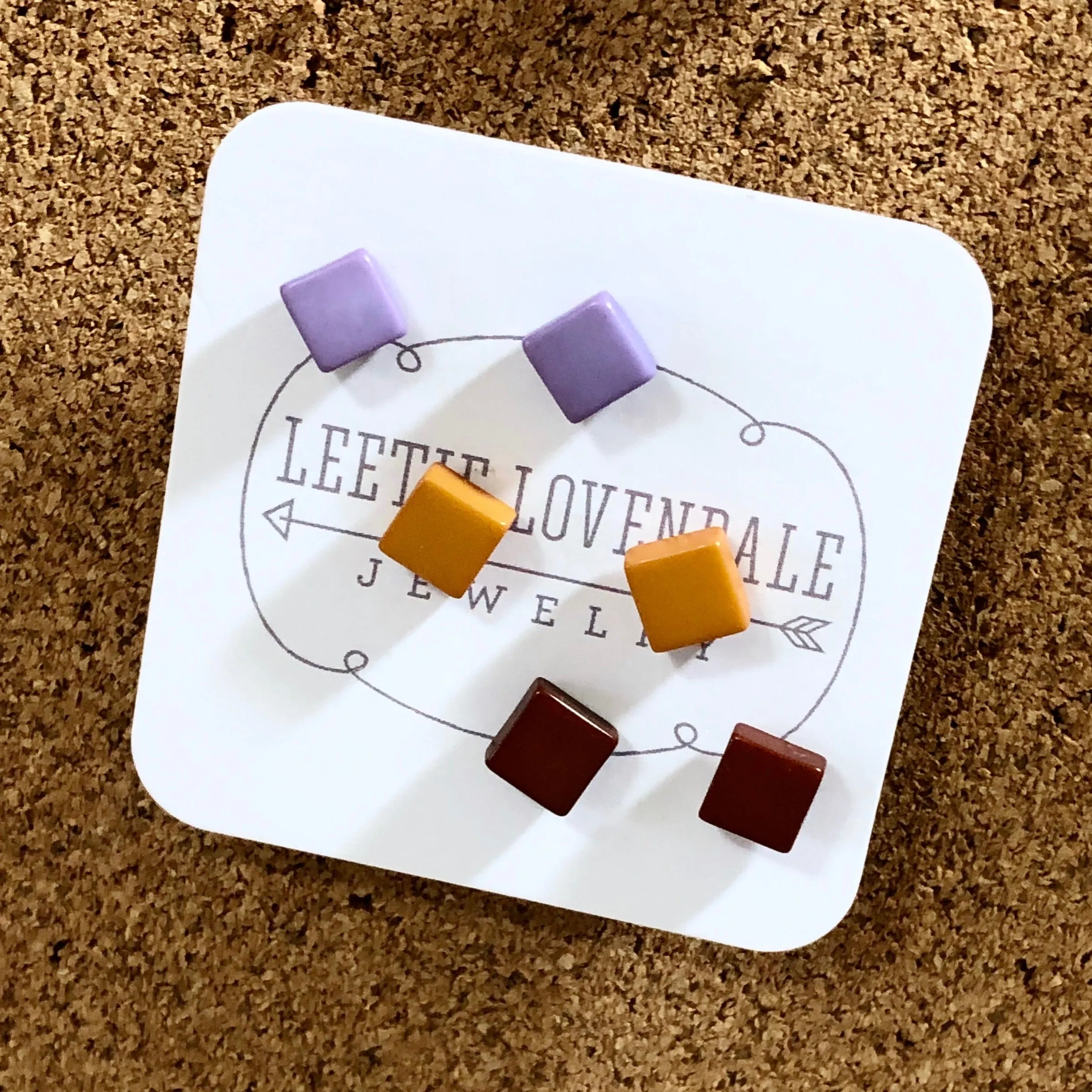 Purple Mustard & Chocolate Minimalist Mod Square Stud Earrings Set