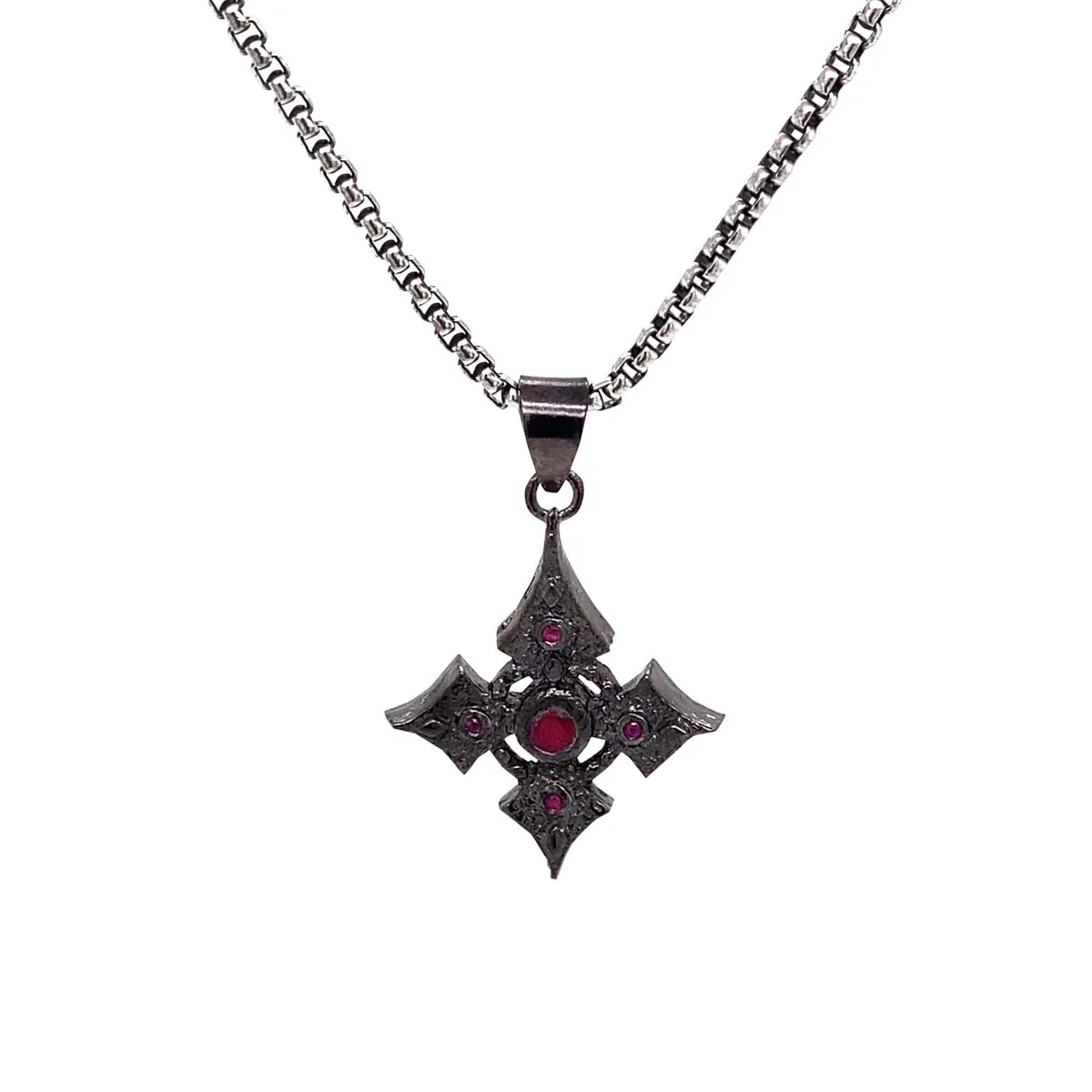 Raw Diamond Collection - Silver and Black Rhodium Cross Small - Ruby