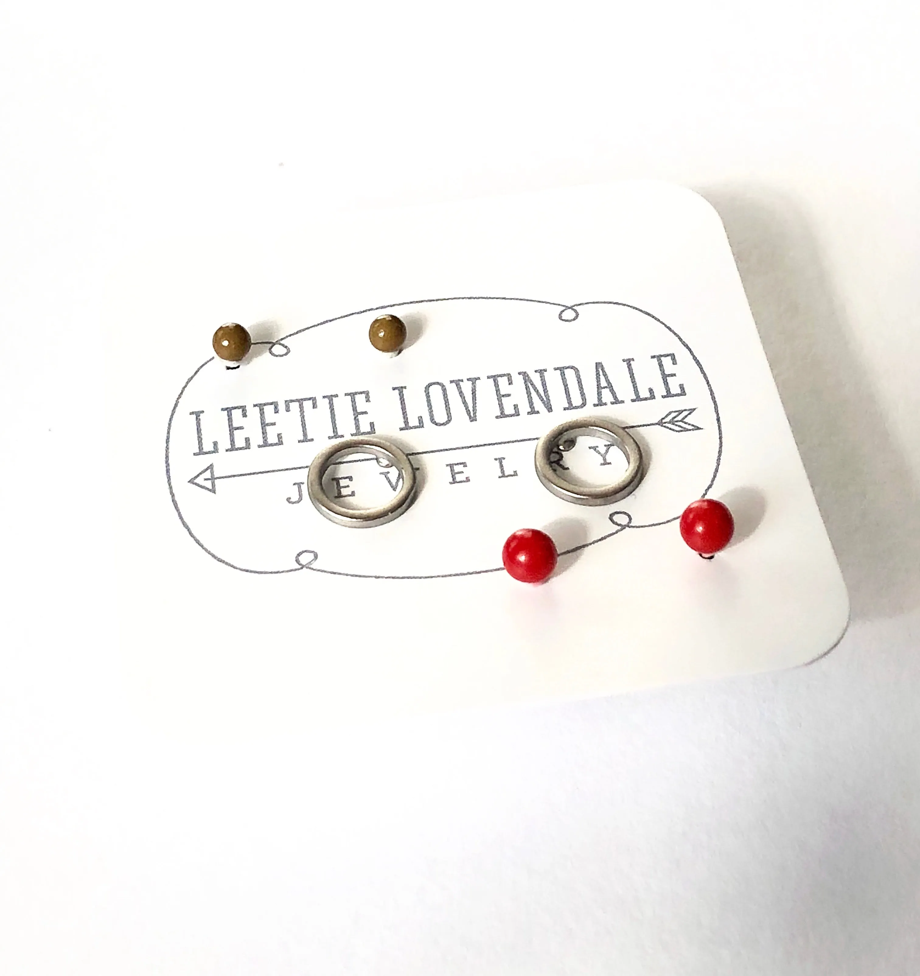 Red Silver Circles & Olive Tiny Geo Stud Earrings Set