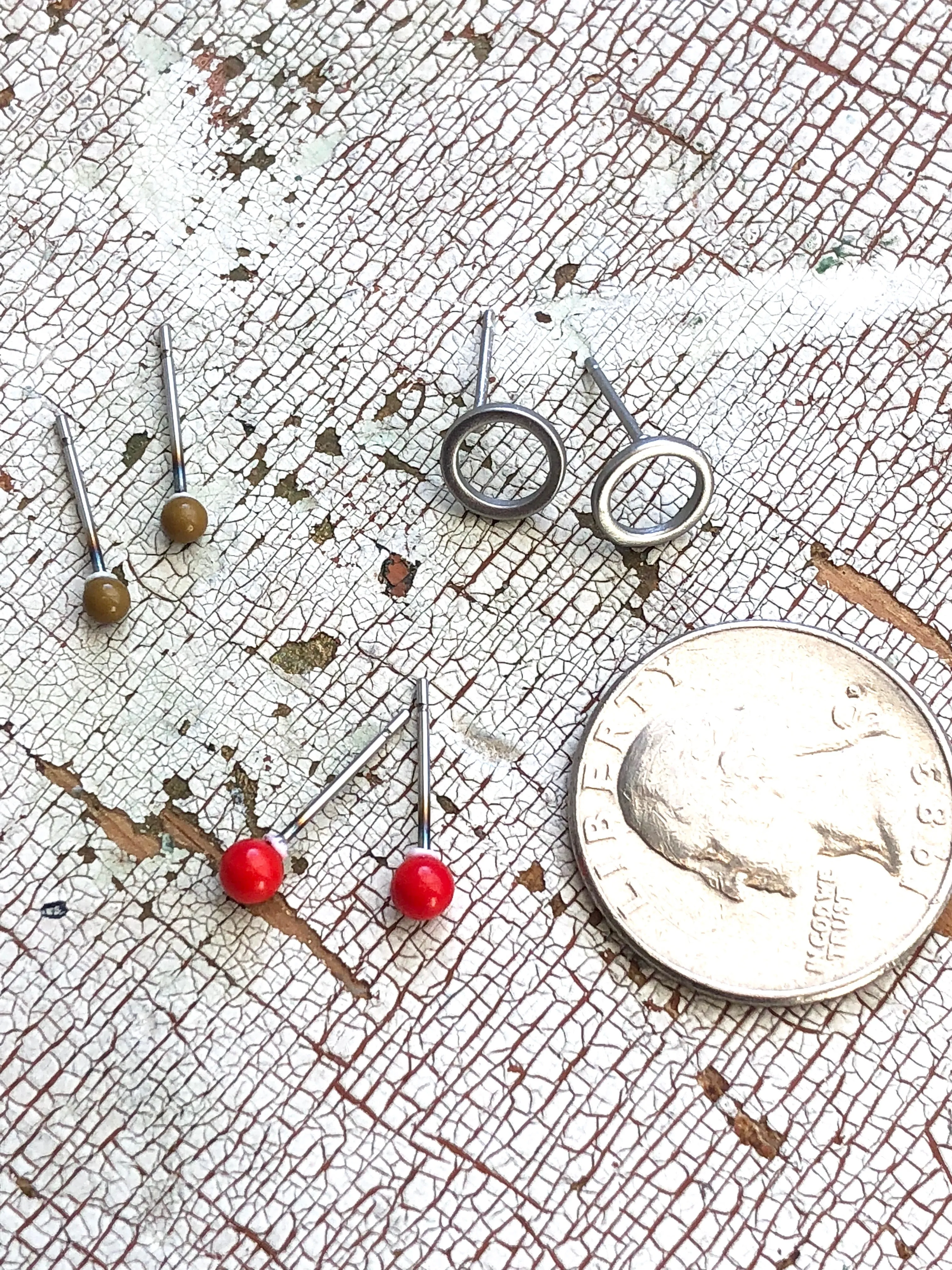 Red Silver Circles & Olive Tiny Geo Stud Earrings Set