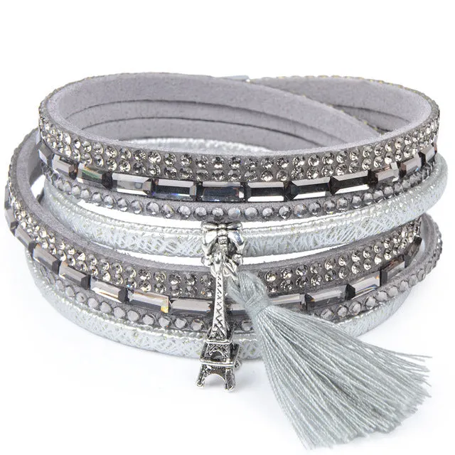 Rhinestone Feather Wide Multilayer Leather Bracelet Magnetic Tassel Bracelet Women Wrap Charm Boho Bohemian Bracelets Bangle Men