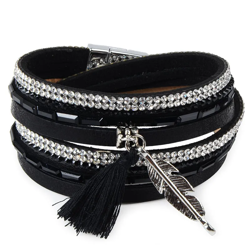 Rhinestone Feather Wide Multilayer Leather Bracelet Magnetic Tassel Bracelet Women Wrap Charm Boho Bohemian Bracelets Bangle Men