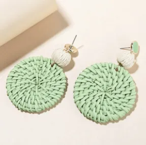 Round-Shaped Rattan Earrings Clip On Dangle Earrings for Women, Handmade