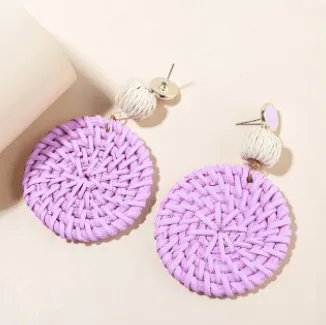 Round-Shaped Rattan Earrings Clip On Dangle Earrings for Women, Handmade