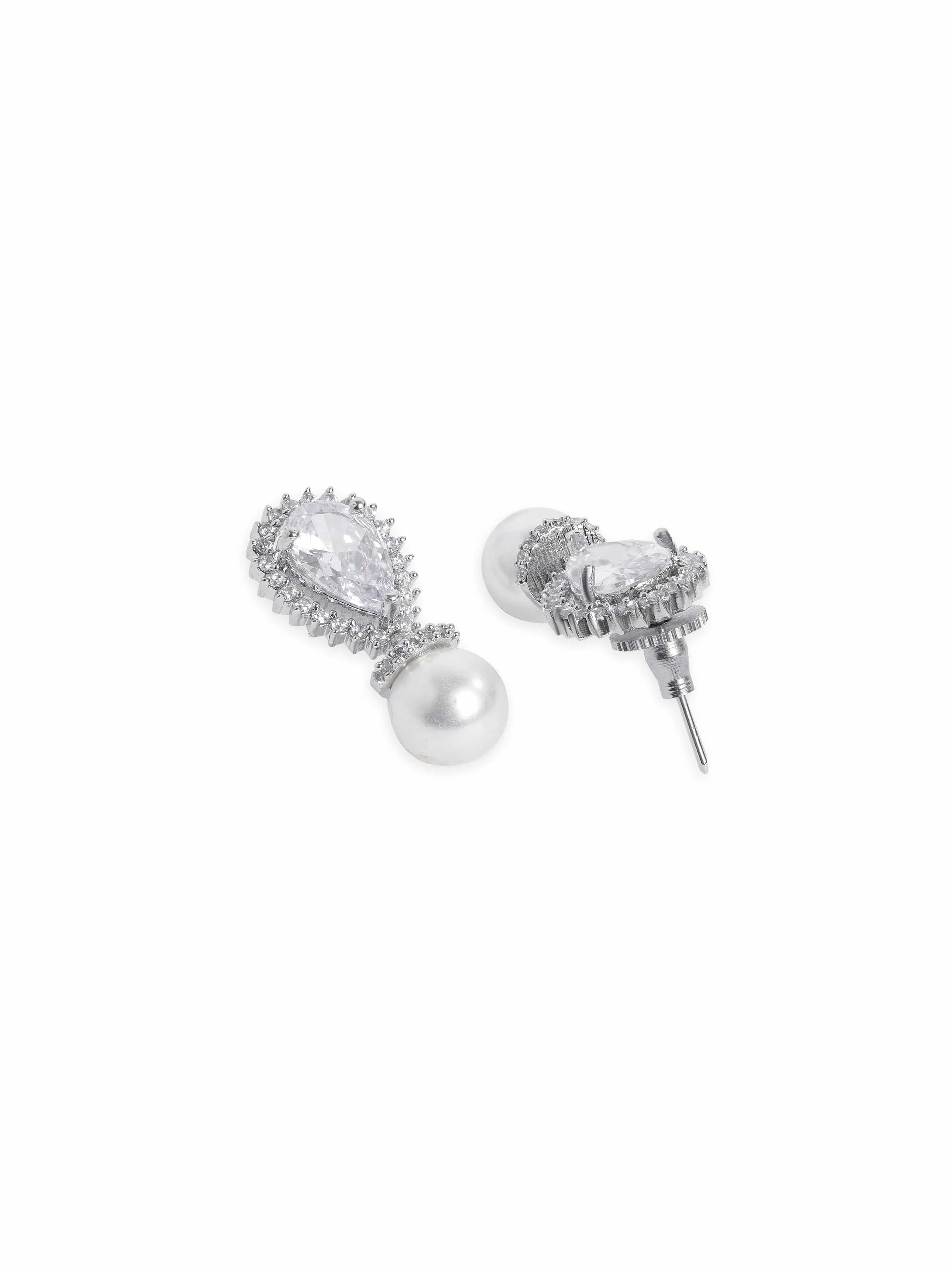 Rubans Rhodium plated zirconia studded pearl drop Chic Earring