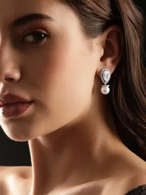 Rubans Rhodium plated zirconia studded pearl drop Chic Earring