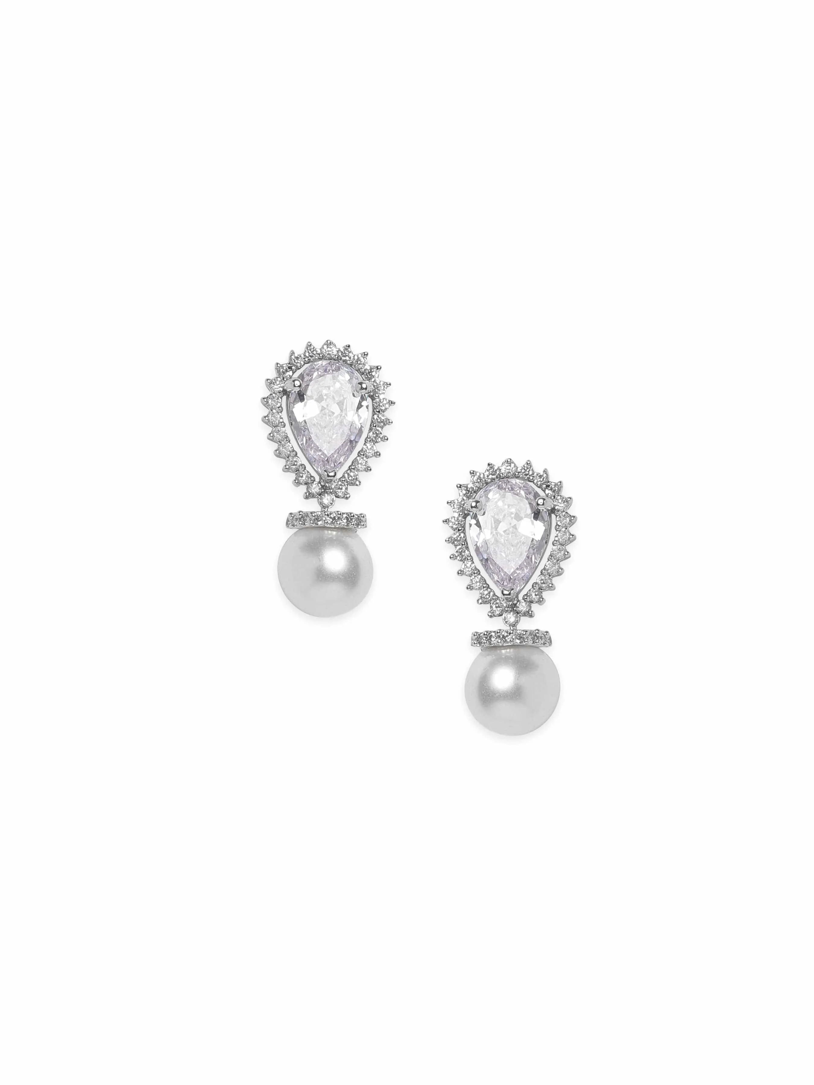 Rubans Rhodium plated zirconia studded pearl drop Chic Earring