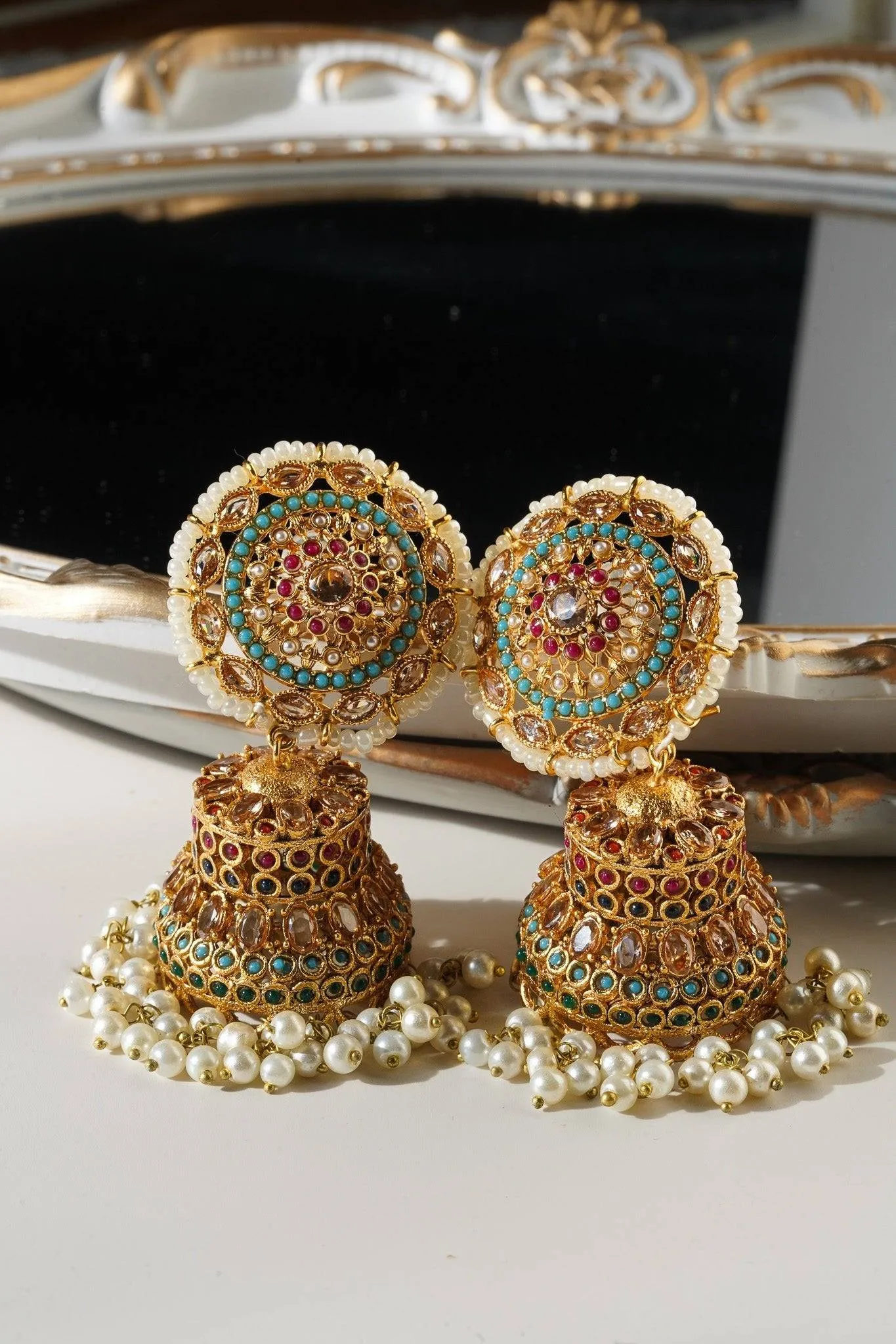 Samreen - Gold Plated and Turquoise Blue Oversized Statement Jhumka Earrings