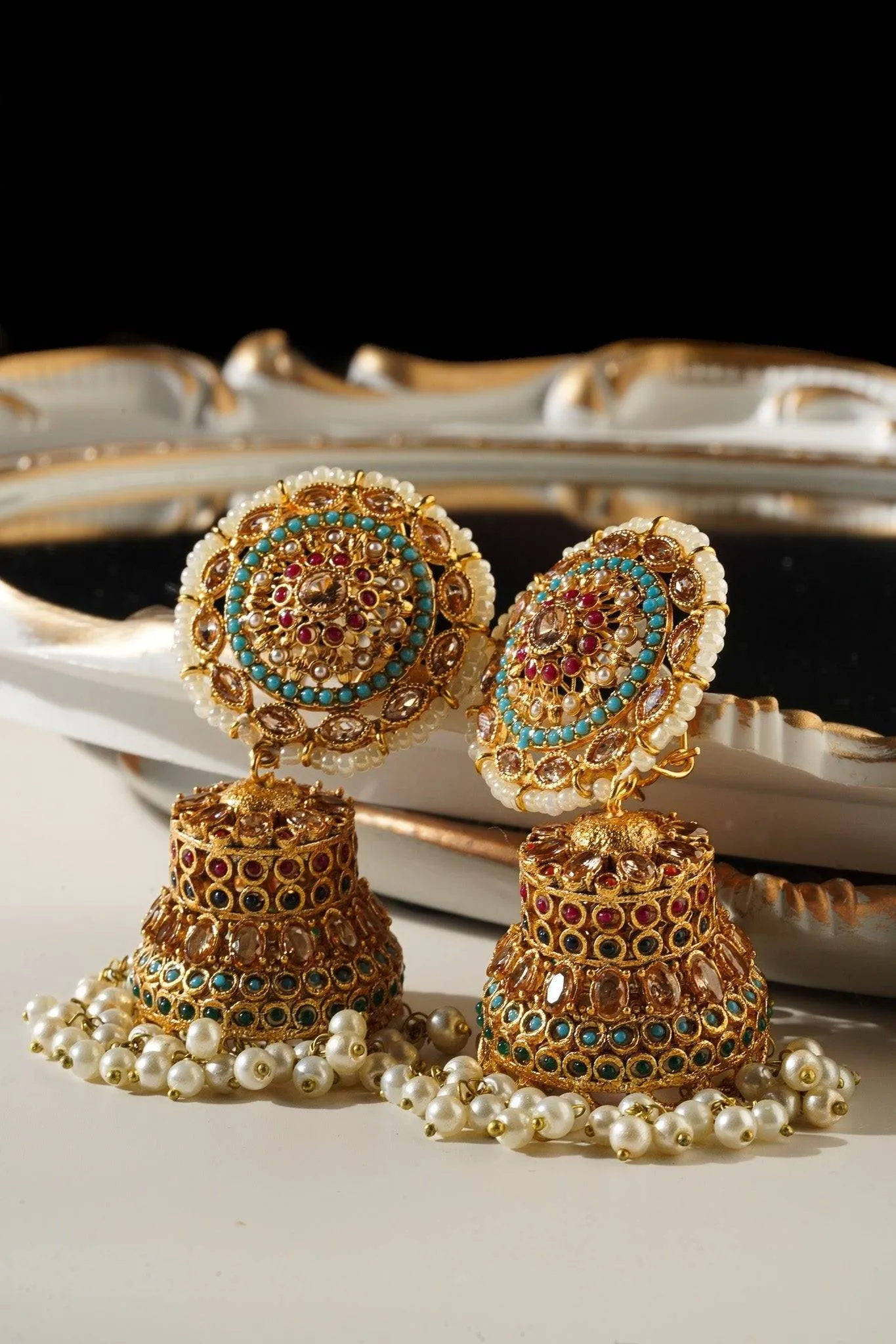 Samreen - Gold Plated and Turquoise Blue Oversized Statement Jhumka Earrings