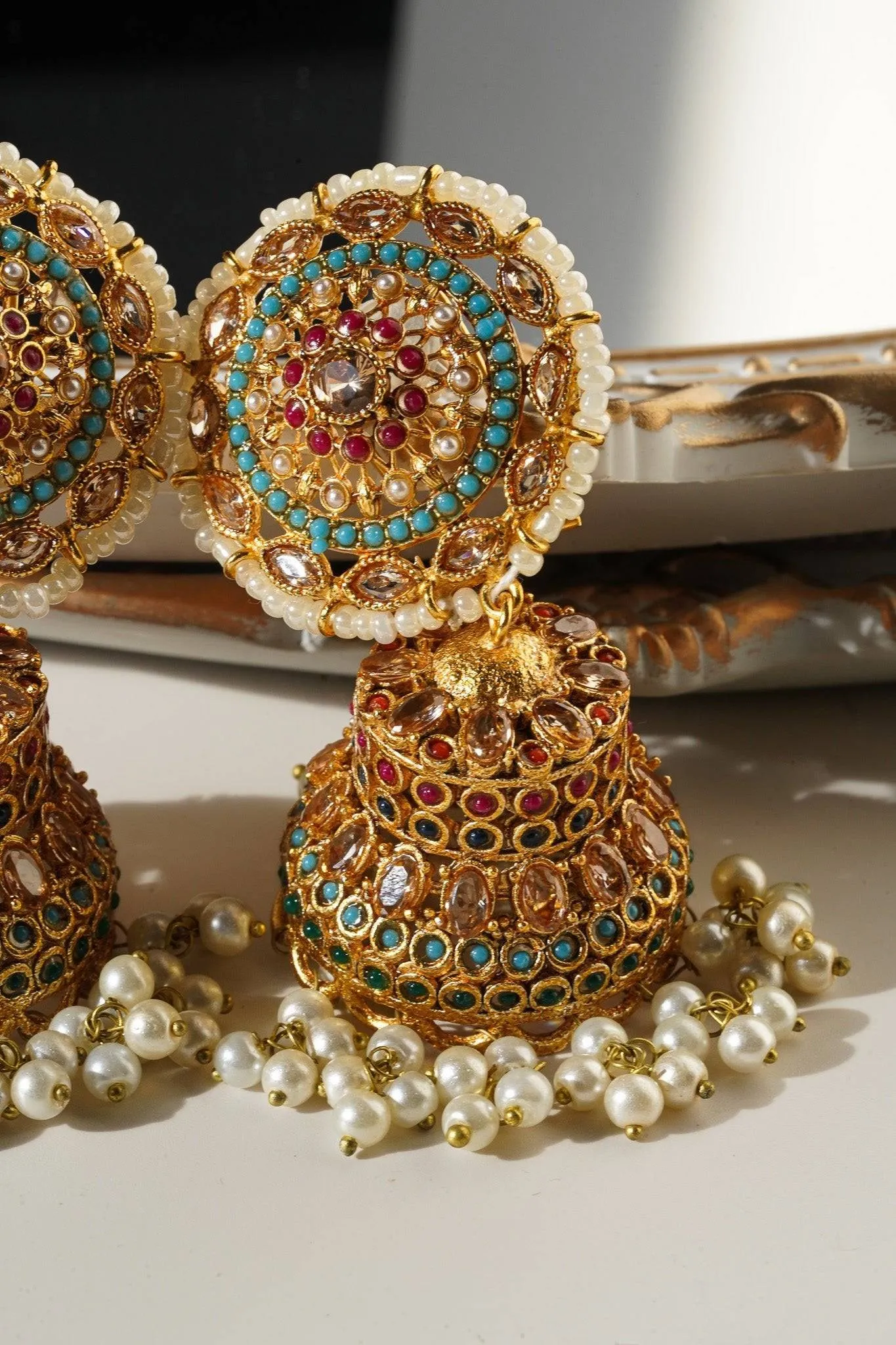 Samreen - Gold Plated and Turquoise Blue Oversized Statement Jhumka Earrings