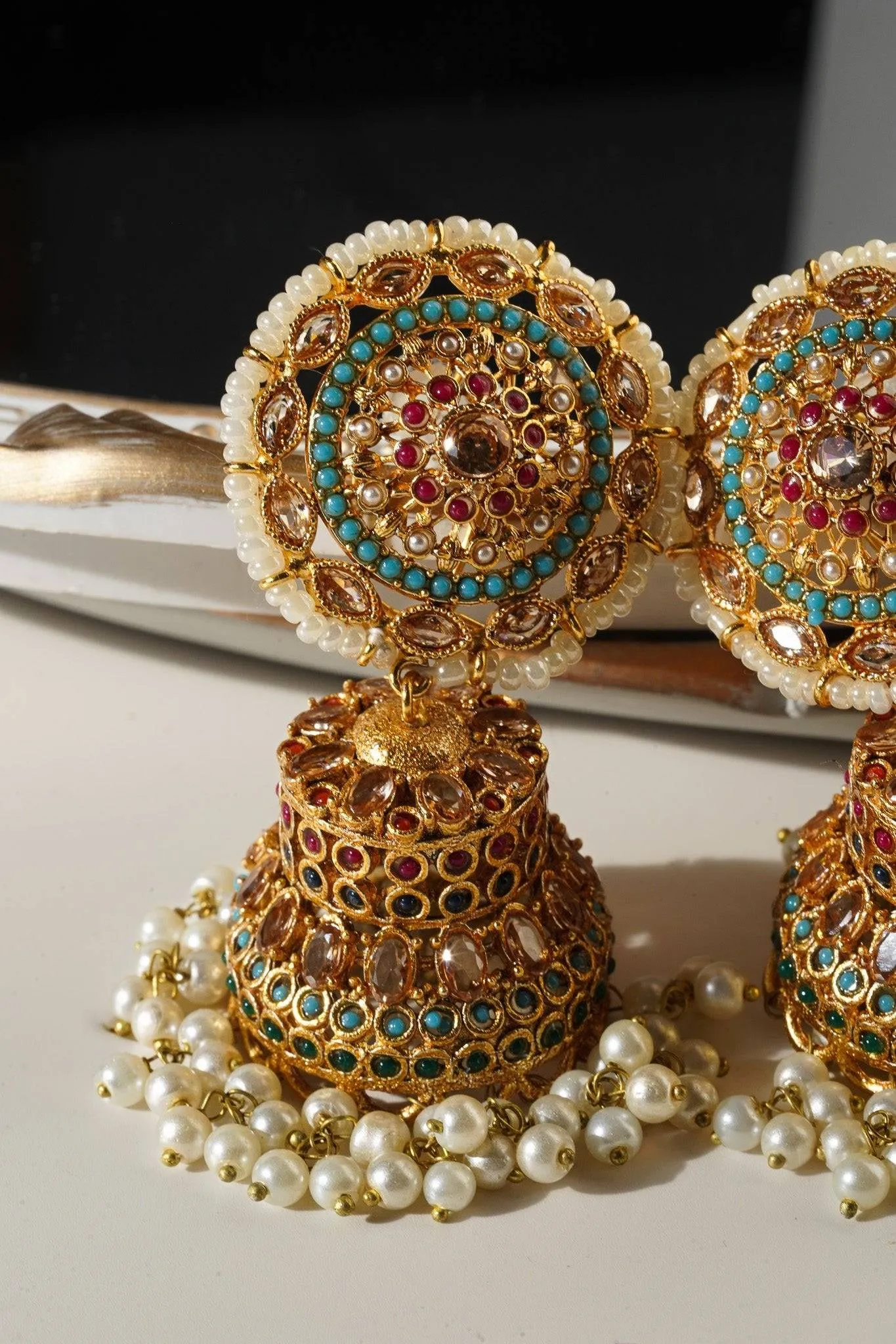 Samreen - Gold Plated and Turquoise Blue Oversized Statement Jhumka Earrings