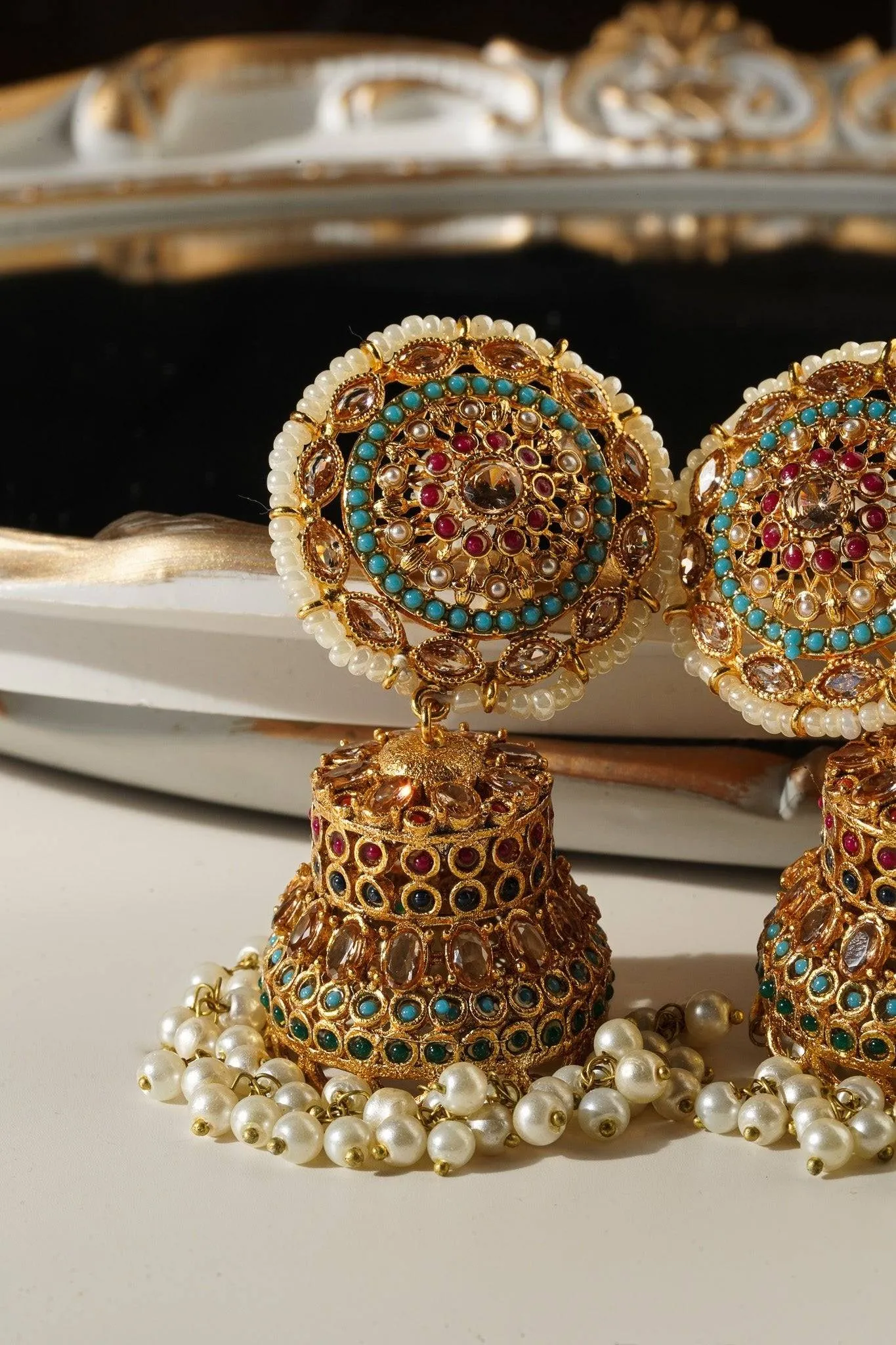 Samreen - Gold Plated and Turquoise Blue Oversized Statement Jhumka Earrings