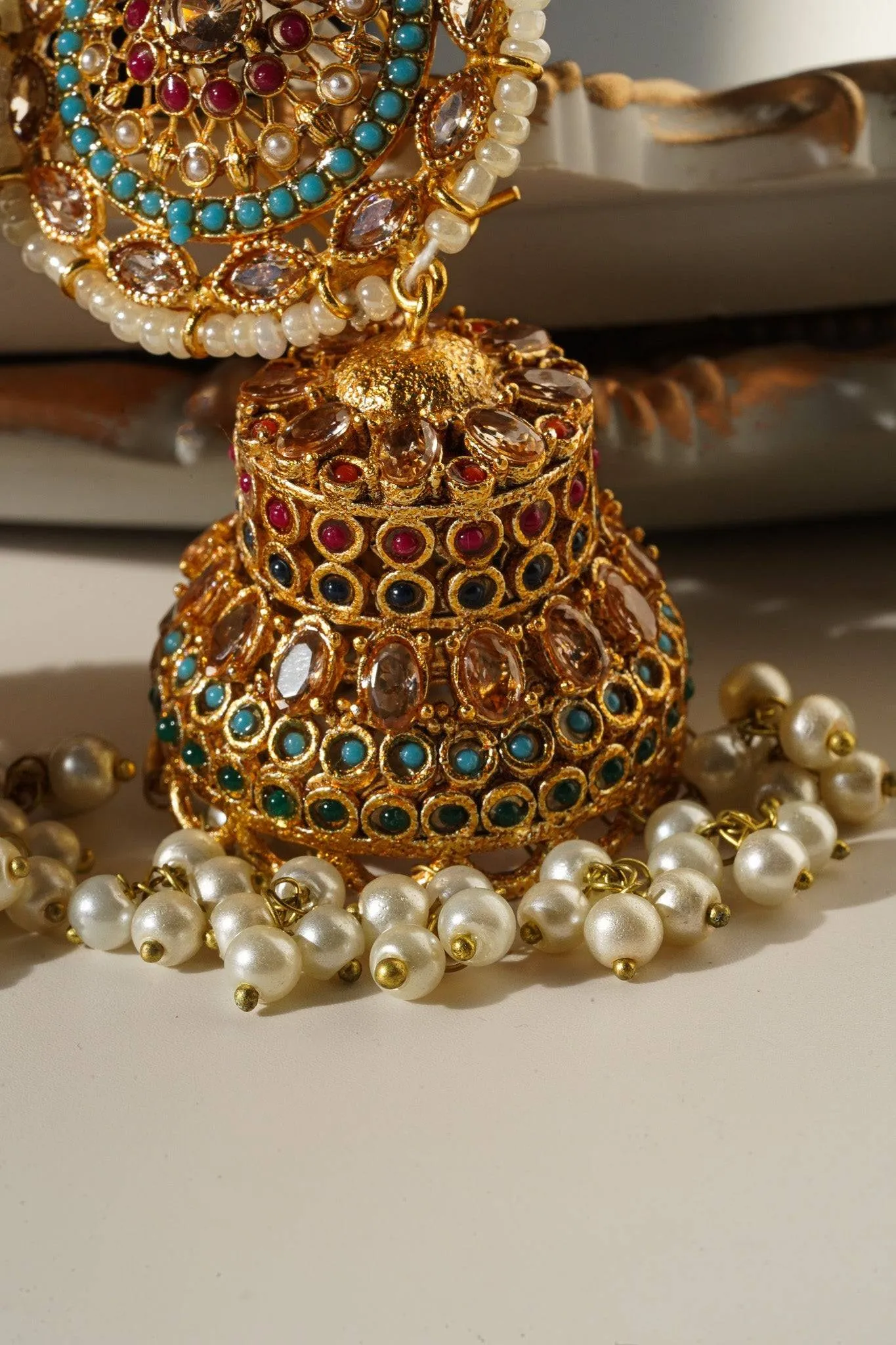 Samreen - Gold Plated and Turquoise Blue Oversized Statement Jhumka Earrings